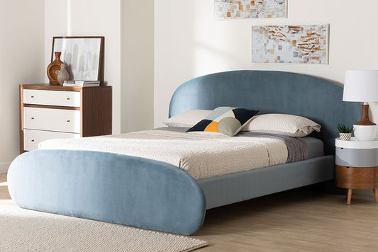 Baxton Studio Ekram Velvet Upholstered Platform Bed - Mid-Century Modern Bed Frame with Curved Headboard and Accent Footboard, Classic Luxe Bedroom Centerpiece, Queen