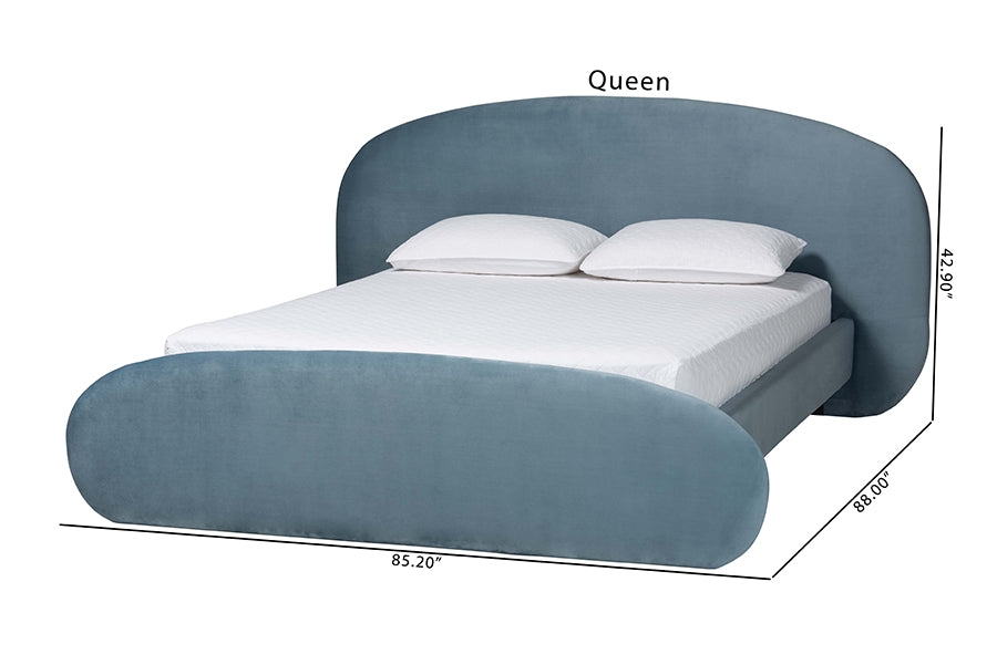 Baxton Studio Ekram Velvet Upholstered Platform Bed - Mid-Century Modern Bed Frame with Curved Headboard and Accent Footboard, Classic Luxe Bedroom Centerpiece, Queen