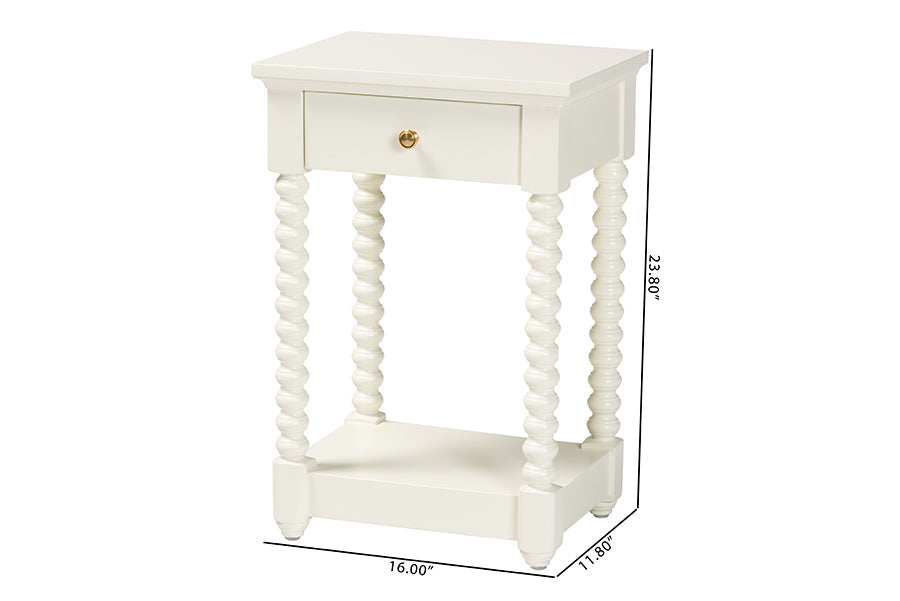 Baxton Studio Terentia Nightstand with Bobbin Legs - 1-Drawer Bedroom Side Table with Storage Shelf, White