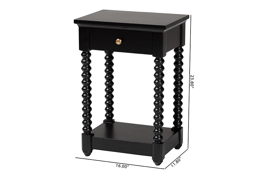 Baxton Studio Terentia Nightstand with Bobbin Legs - 1-Drawer Bedroom Side Table with Storage Shelf, Black