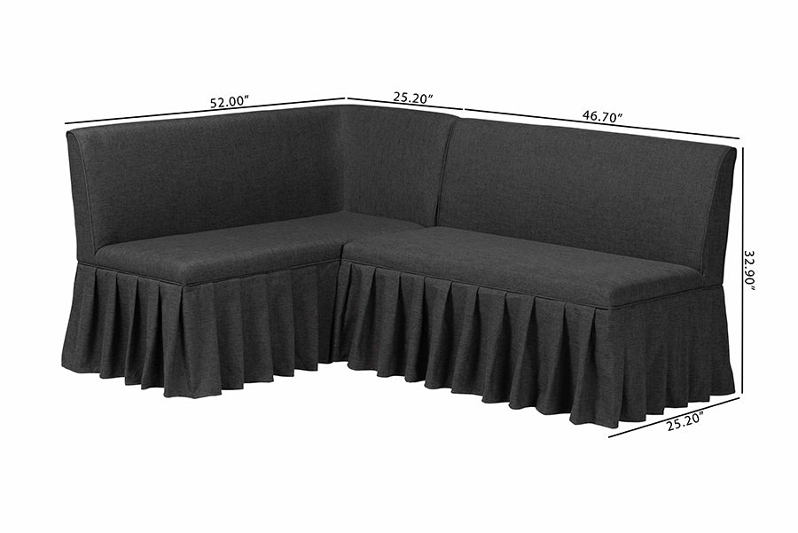 Baxton Studio Bryna 2-Piece Fabric Upholstered Dining Nook Bench Set - Corner Kitchen Banquette Seating with Skirted Base, L-Shaped Breakfast Nook for Small Spaces, Dark Grey