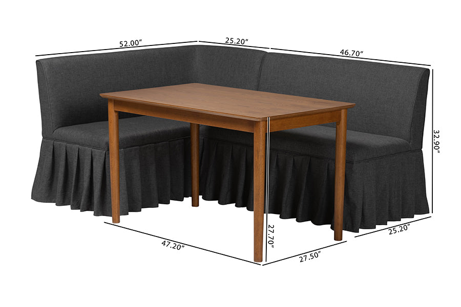 Baxton Studio Richard 3-Piece Fabric Upholstered Dining Nook Set - Corner Kitchen Banquette with Skirted Base, L-Shaped Breakfast Nook for Small Spaces, Dark Grey