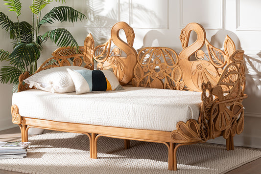 bali & pari Aves Natural Rattan Daybed with Decorative Flamingo Frame - Handwoven Wicker Lounge Bed with Boho Coastal Frame for Living Room, Bedroom, or Sunroom, Twin