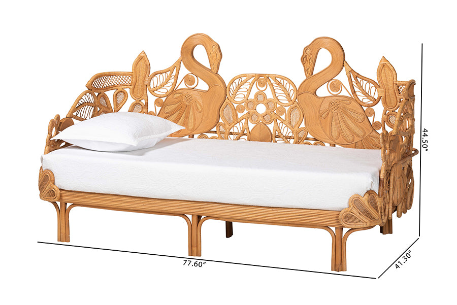 bali & pari Aves Natural Rattan Daybed with Decorative Flamingo Frame - Handwoven Wicker Lounge Bed with Boho Coastal Frame for Living Room, Bedroom, or Sunroom, Twin