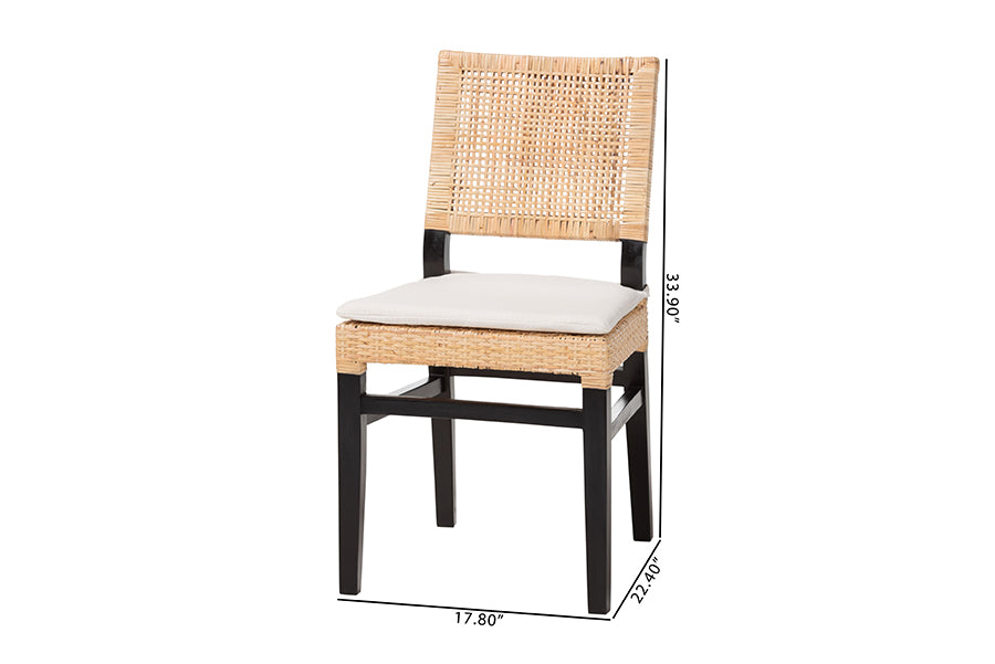 bali & pari Lesia Natural Rattan Dining Chair with Cushion - Handwoven Wicker Side Chair with Mahogany Wood Frame, Coastal Boho Style Seating for Kitchen or Dining Room, Espresso Brown