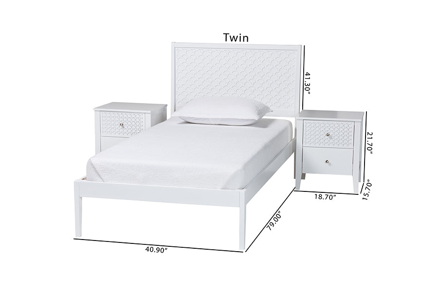 Baxton Studio Lara Twin 3-Piece Bedroom Set - Modern Wood Bed Frame with Matching Nightstands, Decorative Laser-Cut Headboard Overlay, White