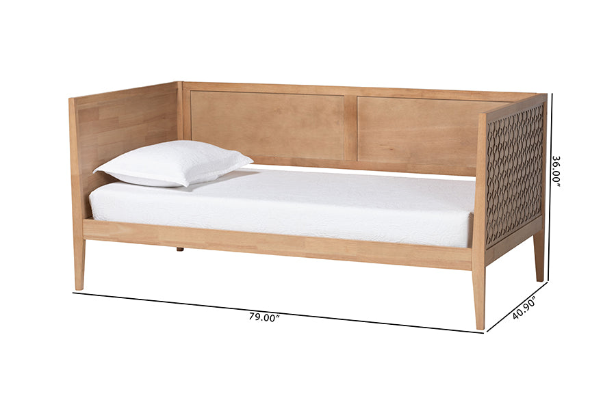 Baxton Studio Lara Twin Daybed - Modern Wood Bed Frame with Wraparound Laser-Cut Decorative Headboard Overlay, Oak Brown