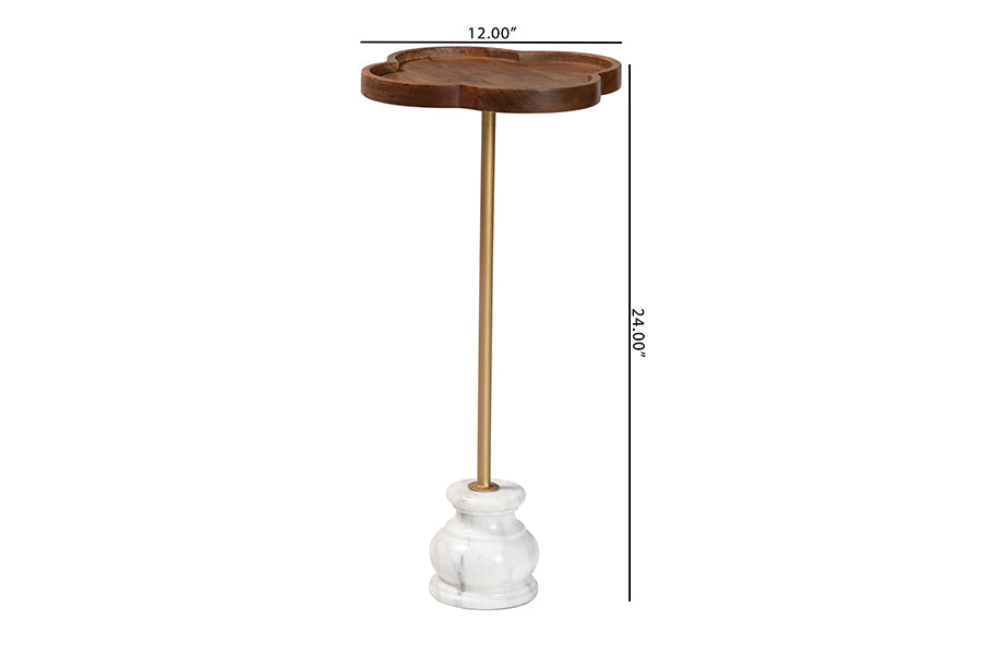 Baxton Studio Gezana Drink Table with Marble Base - Compact Pedestal Accent Table with Clover Tray Top for Living Room or Sofa Side