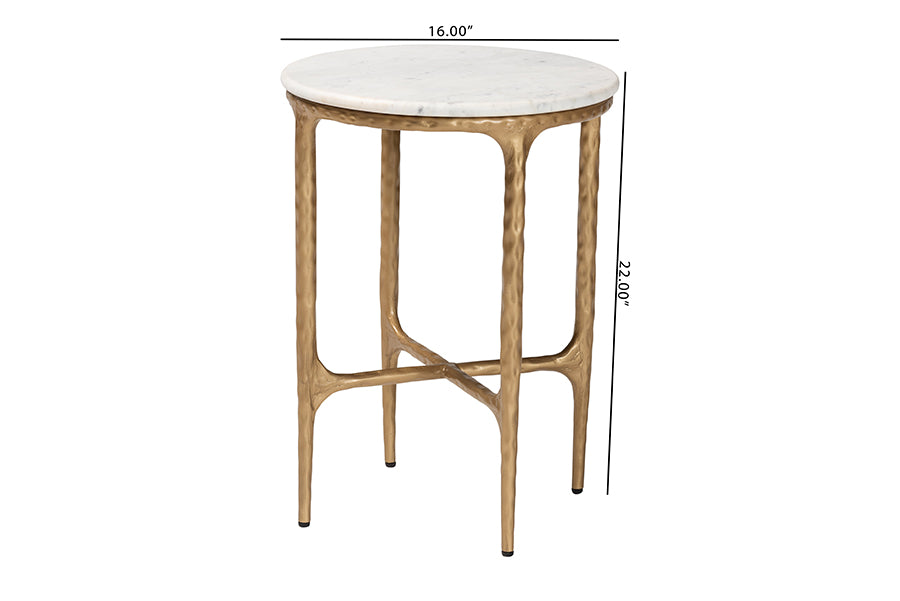 Baxton Studio Akanji Marble End Table - Modern Rustic Accent Table with Hand-Forged Metal Frame for Living Room or Seating Areas, Round