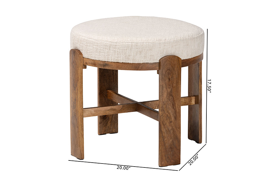 Baxton Studio Whitfield Round Fabric Ottoman Stool - Modern Accent Seating or Footstool with Upholstered Cushion and Mango Wood Frame for Living Room, Bedroom, or Lounge Seating