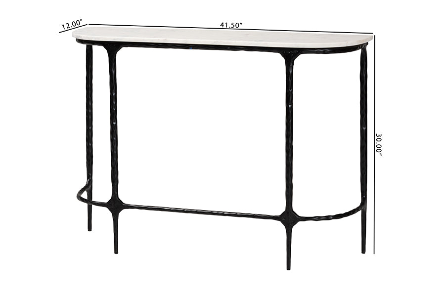 Baxton Studio Edsel Marble Console Table - Modern Rustic Accent Table with Hand-Forged Metal Frame for Living Room or Entryway, Rounded