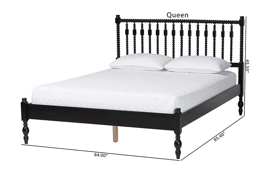 Baxton Studio Callison Spindle Platform Bed - Turned Farmhouse Bed Frame with Spoked Headboard and Sculpted Legs, Black, Full