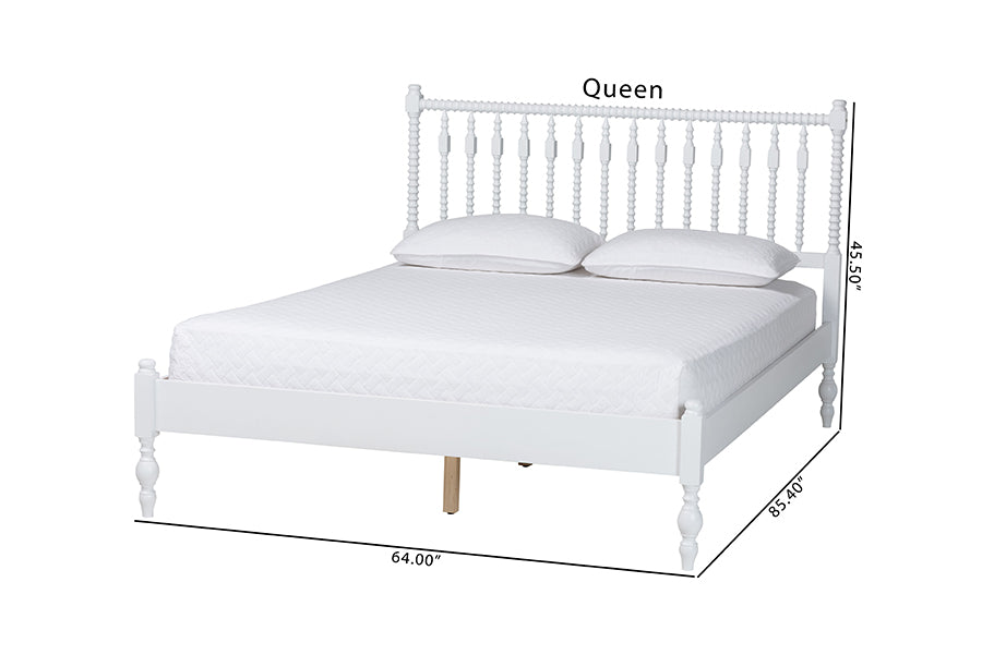 Baxton Studio Callison Spindle Platform Bed - Turned Farmhouse Bed Frame with Spoked Headboard and Sculpted Legs, White, Queen