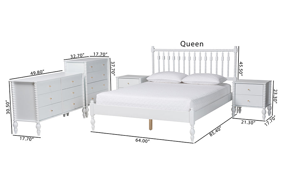 Baxton Studio Callison Spindle 5-Piece Bedroom Set - Farmhouse Platform Bed with Matching Dresser, Chest, and 2-Drawer Nightstands, White, Queen