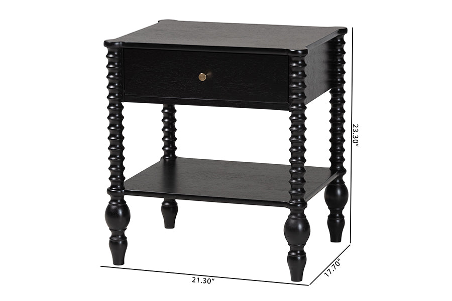 Baxton Studio Callison Spindle Nightstand - 1-Drawer Farmhouse Bedside Table with Open Shelf Storage and Turned Accents for Bedroom, Black
