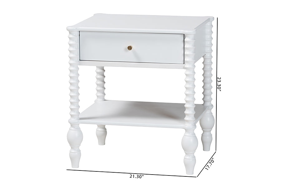 Baxton Studio Callison Spindle Nightstand - 1-Drawer Farmhouse Bedside Table with Open Shelf Storage and Turned Accents for Bedroom, White