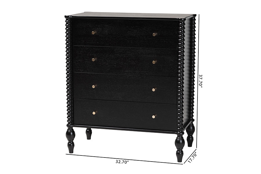 Baxton Studio Callison Spindle Chest - 4-Drawer Farmhouse Vertical Cabinet with Turned Accents for Bedroom, Black