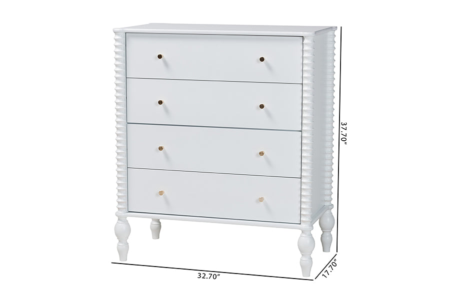 Baxton Studio Callison Spindle Chest - 4-Drawer Farmhouse Vertical Cabinet with Turned Accents for Bedroom, White
