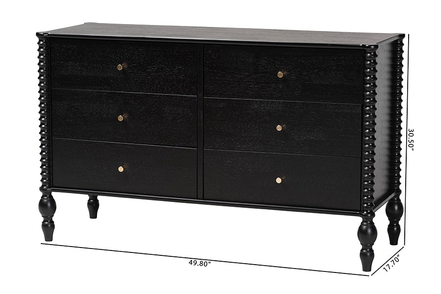 Baxton Studio Callison Spindle Dresser - 6-Drawer Farmhouse Horizontal Cabinet with Turned Accents for Bedroom, Black