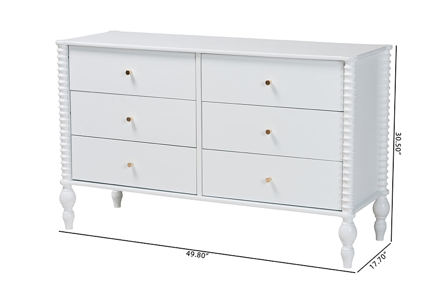 Baxton Studio Callison Spindle Dresser - 6-Drawer Farmhouse Horizontal Cabinet with Turned Accents for Bedroom, White