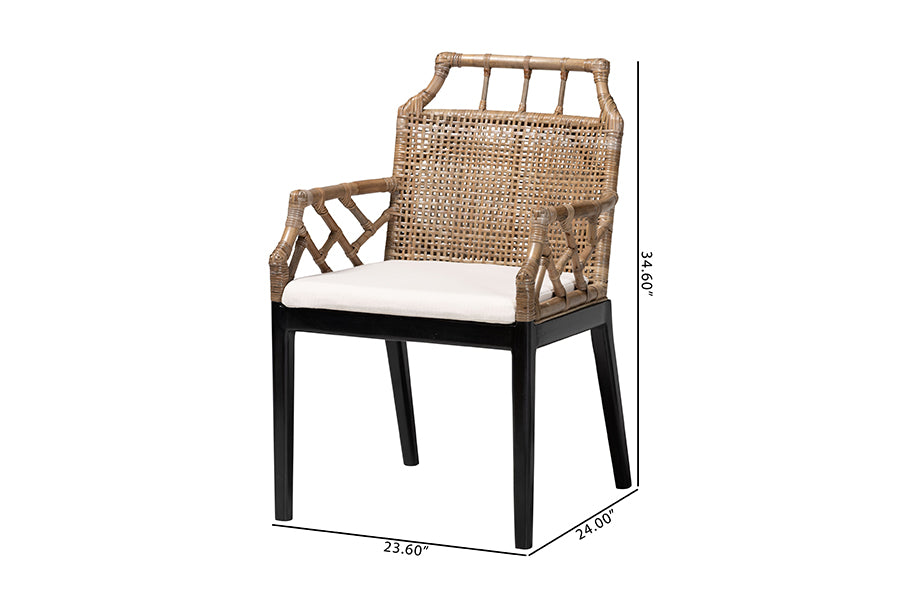 bali & pari Abiel Natural Rattan 2-Piece Dining Armchair Set with Cushion - Handwoven Wicker Chair with Mahogany Wood Frame, Coastal Boho Seating for Dining Room or Kitchen