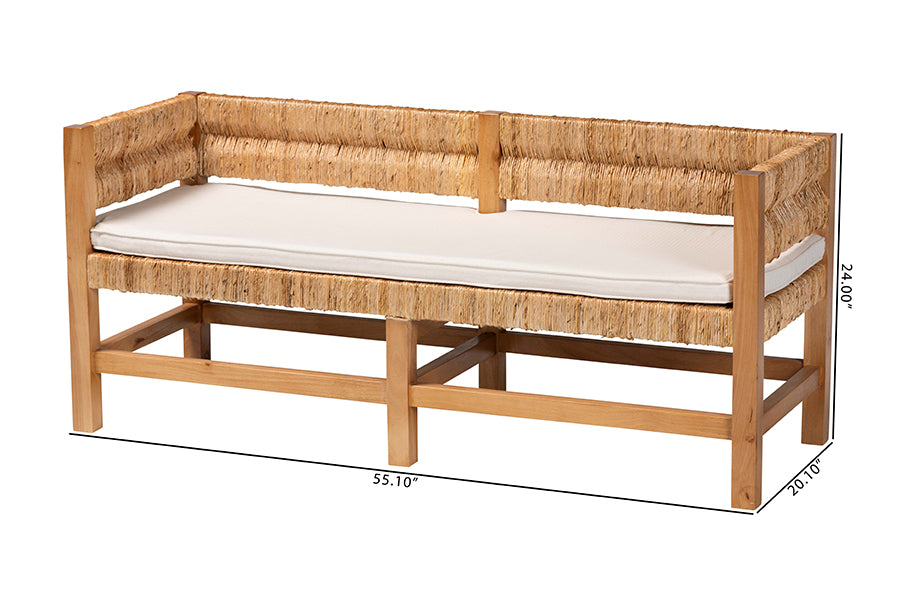 bali & pari Ismael Accent Bench - Handwoven Seagrass Accent Seating with Mahogany Wood Frame, Raised Back Bench for Entryway or Living Room