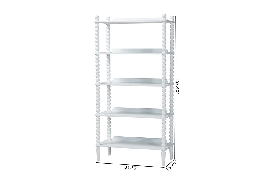Baxton Studio Lucera Bobbin Display Shelf - 5-Tier Open Frame Vertical Bookcase with Spindle Posts for Living Room or Office, White