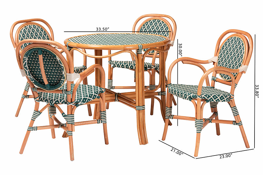 bali & pari Mattie Natural Rattan Bistro Dining Set - 5-Piece Cafe-Style Set with Round Table and 4 Matching Chairs, for Kitchen or Indoor/Outdoor Seating, Green