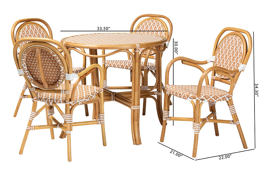 bali & pari Mattie Natural Rattan Bistro Dining Set - 5-Piece Cafe-Style Set with Round Table and 4 Matching Chairs, for Kitchen or Indoor/Outdoor Seating, Beige