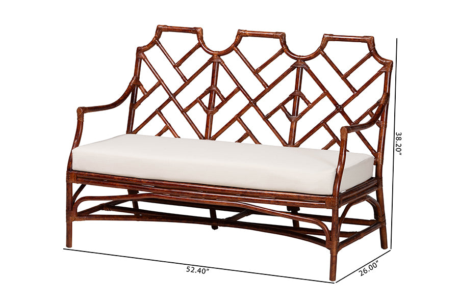 bali & pari Aella Marbled Tortoise Natural Rattan Loveseat Bench with Cushion - Handcrafted Boho Style Settee with Open Back and Curved Arms for Living Room, Entryway or Sunroom