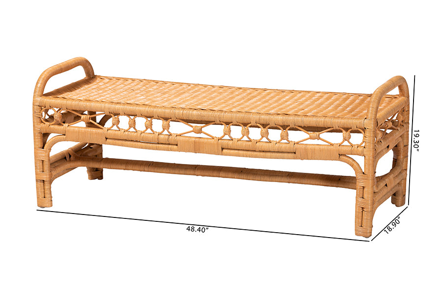 bali & pari Ayala Natural Rattan Accent Bench - Handwoven Wicker Accent Seating with Decorative Apron and Integrated Handles for Living Room, Bedroom, Or Entryway