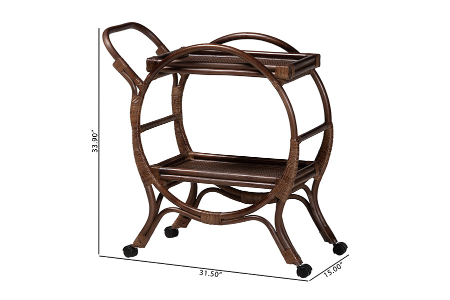 bali & pari Selah Natural Rattan Kitchen Cart - Handwoven Wicker 2-Tier Mobile Serving Cart with Tray Top