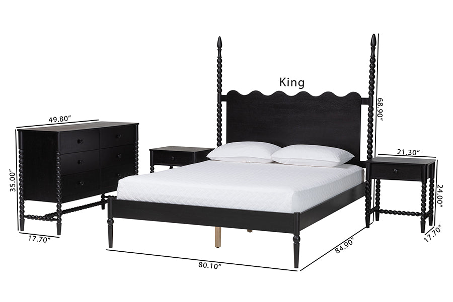 Baxton Studio Brantley Spindle 4-Piece Bedroom Set - Farmhouse Bed Frame with Matching Dresser and 1-Drawer Nightstands, Black, Queen