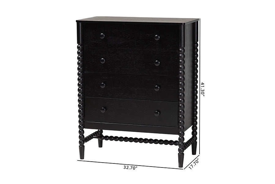 Baxton Studio Brantley Spindle Chest - 4-Drawer Vertical Storage Cabinet with Beaded Frame and Elevated Base for Bedroom, Black