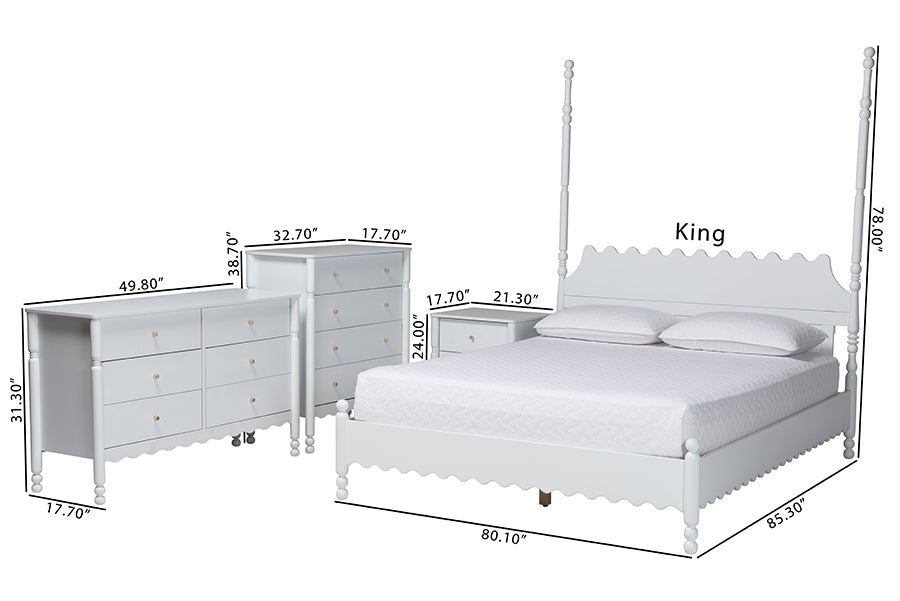 Baxton Studio Hoffman 4-Piece Scalloped Bedroom Set - Farmhouse Bed Frame with Matching Dresser, Chest, and 2-Drawer Nightstand, White, King