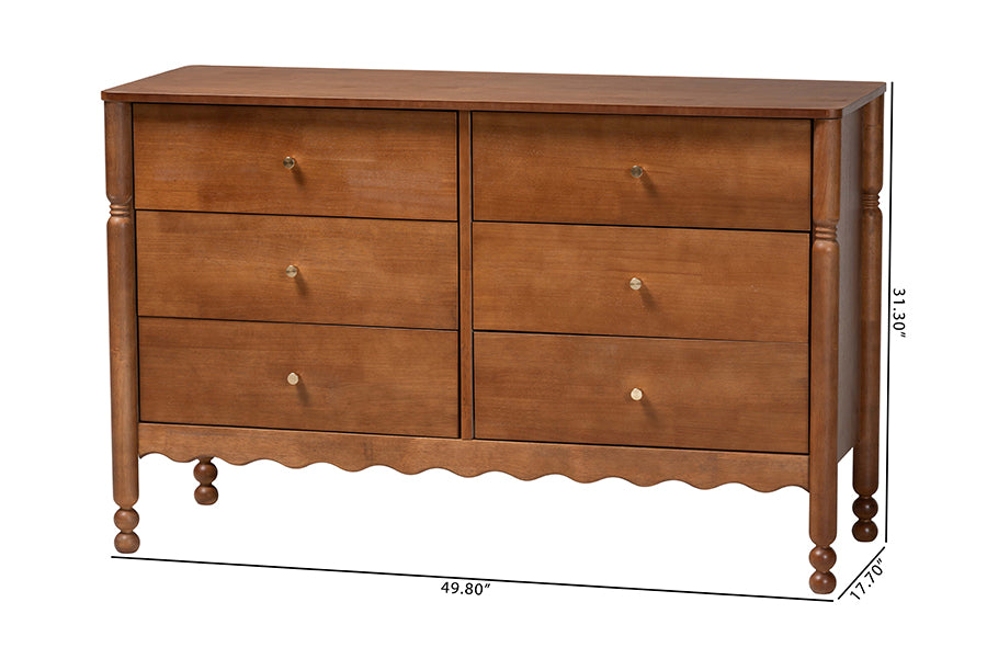 Baxton Studio Hoffman Dresser - 6-Drawer Horizontal Storage Cabinet with Scalloped Apron and Turned Legs for Bedroom, Walnut Brown