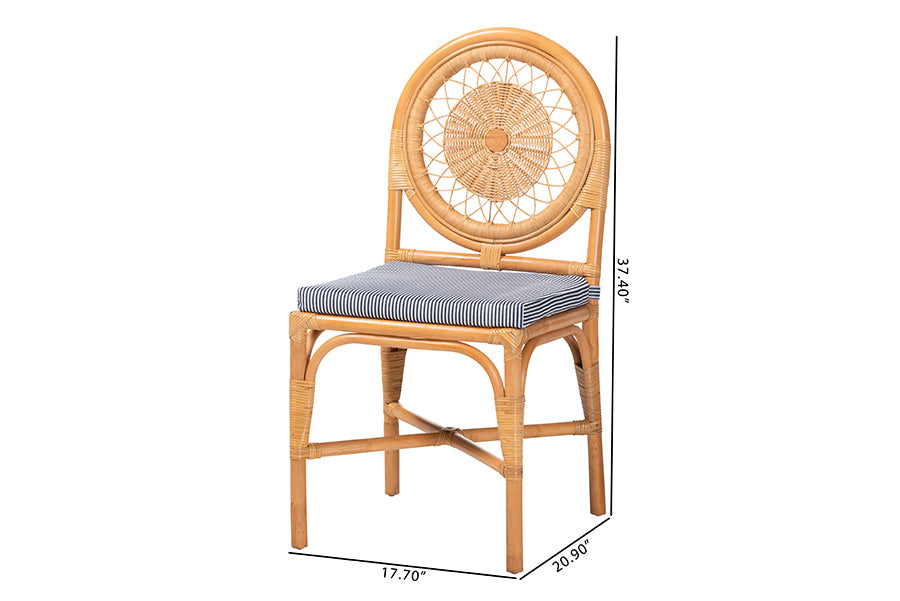 bali & pari Oberon Natural Rattan Dining Chair with Cushion - Handwoven Wicker Bistro Accent Seating with Sunburst Backrest