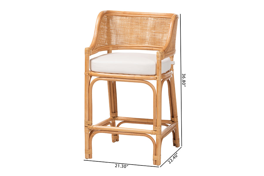 bali & pari Ottis Natural Rattan Counter Stool with Cushion - Handwoven Wicker Kitchen Island or Lounge Seating with Integrated Footrest