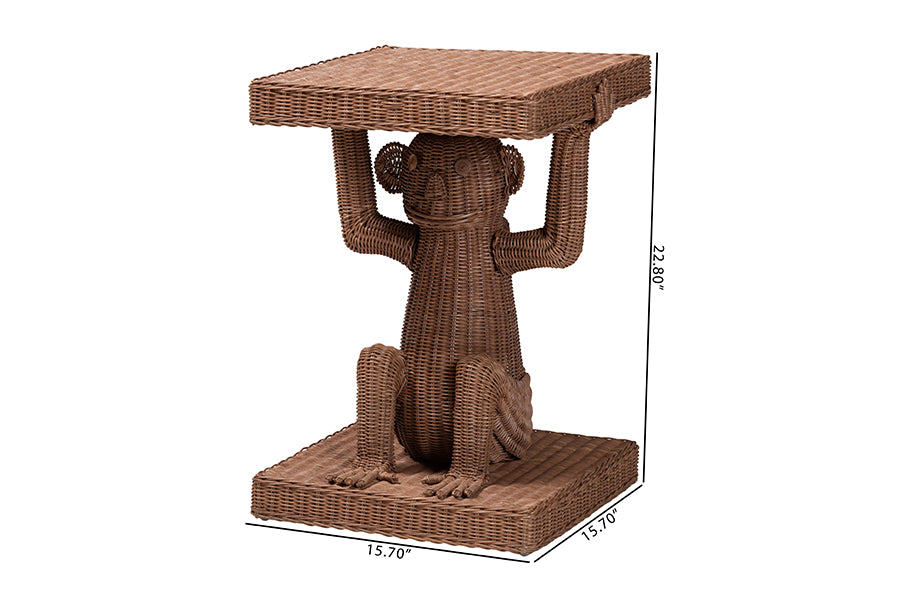 bali & pari Miyoco Monkey End Table - Handwoven Rattan Sculptural Accent Side Table with Platform Base