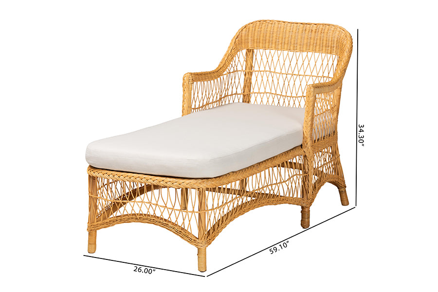 bali & pari Bruno Natural Rattan Chaise Lounge Chair with Cushion - Handwoven Wicker Accent Lounger with Rounded Backrest and Arms for Living Room, Bedroom or Sunroom