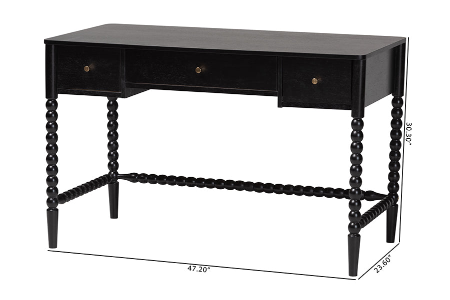 Baxton Studio Lucera Bobbin Writing Desk - 3-Drawer Home Office Desk with Spindle Frame, Black
