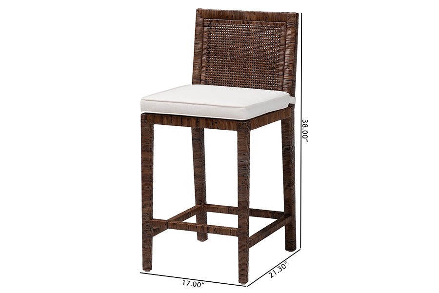 bali & pari Sofia Rattan Counter Stool with Mahogany Wood Frame - Handwoven Wicker Counter Height Chair with Cushion, Coastal Boho Style Kitchen Island Seating, Antique Coffee