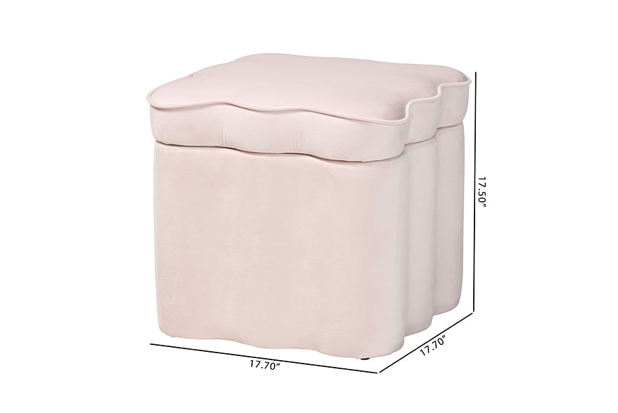 Baxton Studio Paulina Velvet Storage Ottoman - Lid Top Accent Stool with Interior Storage and Scalloped Outline for Bedroom or Living Room, Light Pink