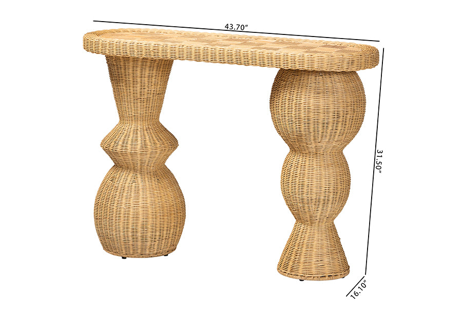bali & pari Hisao Natural Rattan Checkered Console Table with Sculptural Base