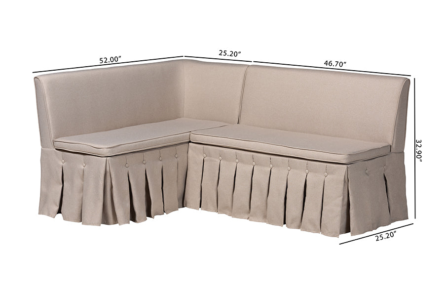Baxton Studio Meyer 2-Piece Fabric Upholstered Dining Nook Bench Set - Corner Kitchen Banquette Seating with Skirted Base, L-Shaped Breakfast Nook for Small Spaces, Beige