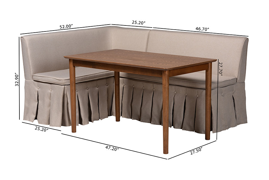Baxton Studio Reuben 3-Piece Fabric Upholstered Dining Nook Set - Corner Kitchen Dining Banquette Set with Skirted Base, L-Shaped Seating for Small Spaces, Beige
