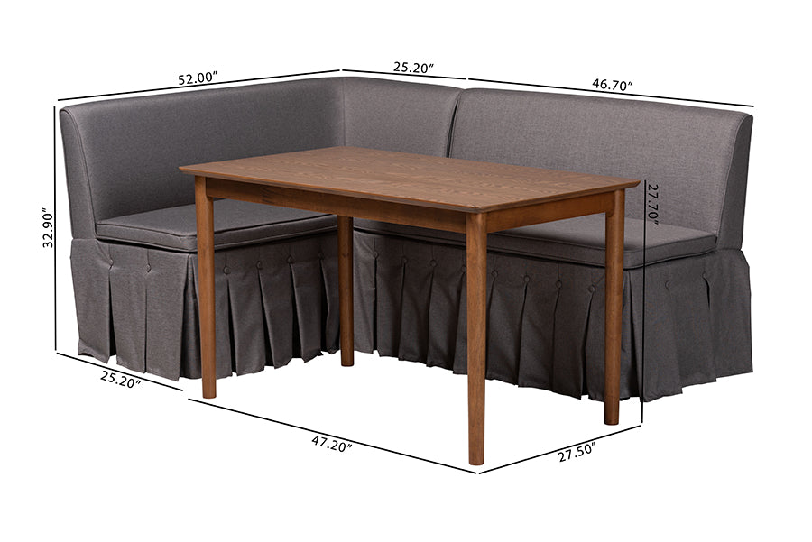 Baxton Studio Reuben 3-Piece Fabric Upholstered Dining Nook Set - Corner Kitchen Dining Banquette Set with Skirted Base, L-Shaped Seating for Small Spaces, Grey