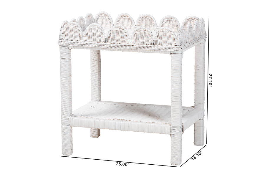 bali & pari Sumana Natural Rattan Side Table - Handwoven Wicker 2-Tier Accent End Table with Scalloped Tray Top for Living Room, White