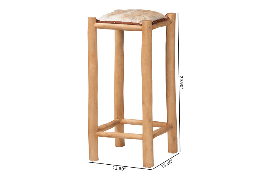bali & pari Rivera Genuine Goat Leather Bar Stool - Rustic Boho Seating with Teak Wood Frame and Natural Hide Upholstery