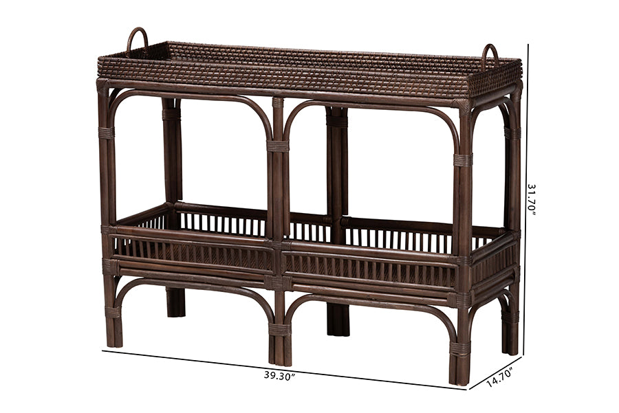 bali & pari Lombok Natural Rattan Console Table - Handwoven Wicker 2-Tier Accent Table with Raised Tray Top for Living Room or Entryway, Espresso